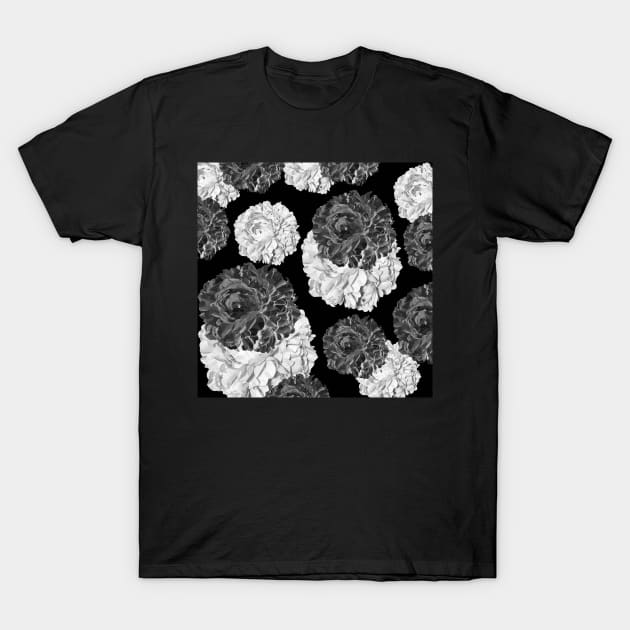 CABBAGE ROSES GRAY AND BLACK SHABBY CHIC PATTERN T-Shirt by Overthetopsm